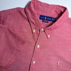 Ralph Lauren XL Classic Fit Chambray Short Sleeve Light Red Slub Weave Shirt